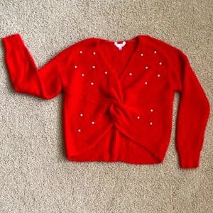 No Boundaries 3XG Red Eyelash Knit Pearl Front Twist V-neck Long Sleeve Sweater